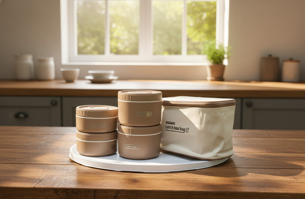 Generic Round Lunch Box Set with Carry Bag