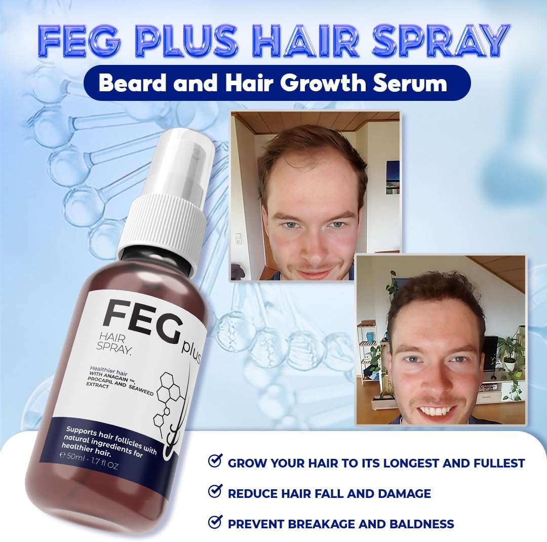 FEG Plus Hair Growth Spray - Rosemary Beard & Hair Growth Serum (50ml), Rosemary Extract Serum Hair Spray, Minoxidil 5% Solution for Hair Growth Booster, Revitalise Hair and Beard Regrowth