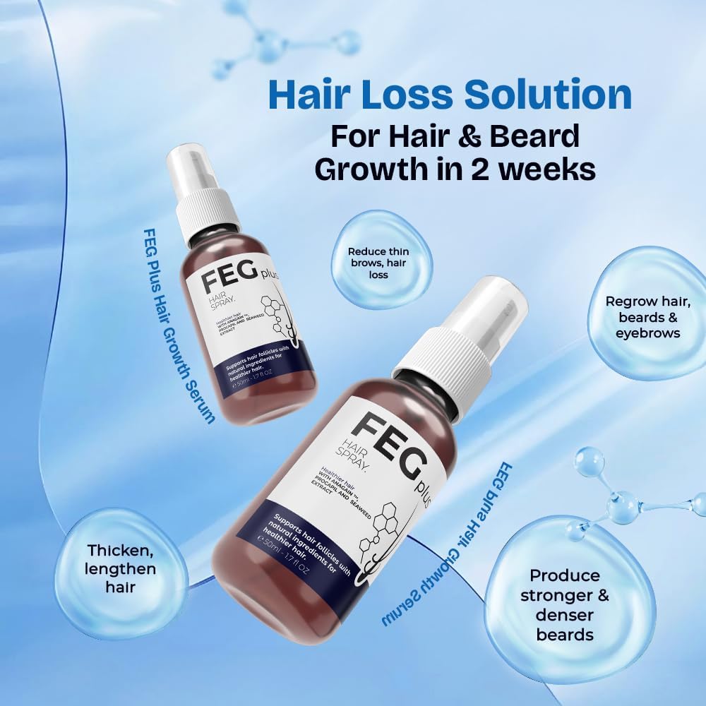 FEG Plus Hair Growth Spray - Rosemary Beard & Hair Growth Serum (50ml), Rosemary Extract Serum Hair Spray, Minoxidil 5% Solution for Hair Growth Booster, Revitalise Hair and Beard Regrowth