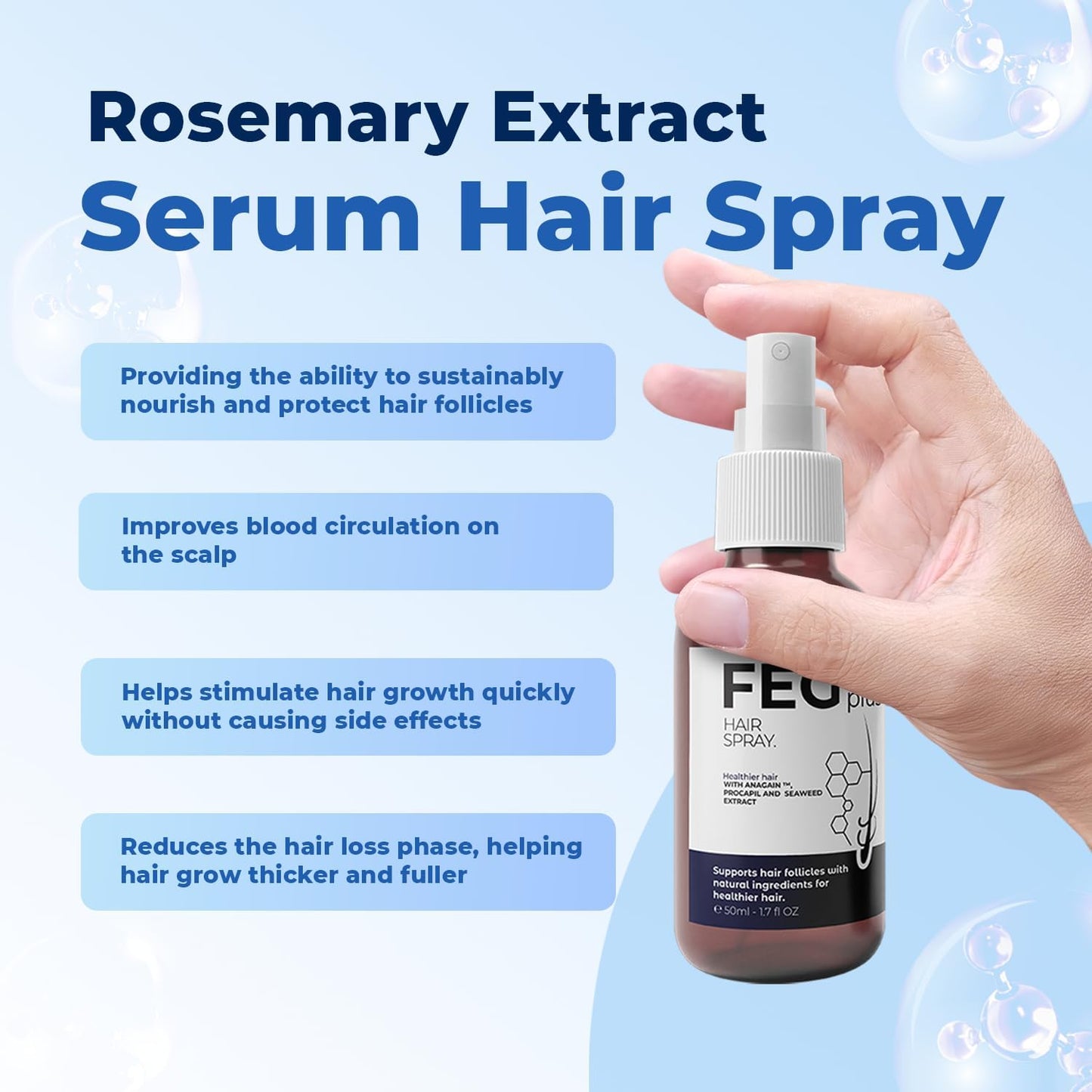 FEG Plus Hair Growth Spray - Rosemary Beard & Hair Growth Serum (50ml), Rosemary Extract Serum Hair Spray, Minoxidil 5% Solution for Hair Growth Booster, Revitalise Hair and Beard Regrowth