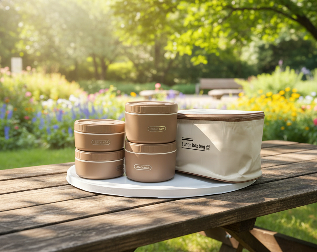 Generic Round Lunch Box Set with Carry Bag