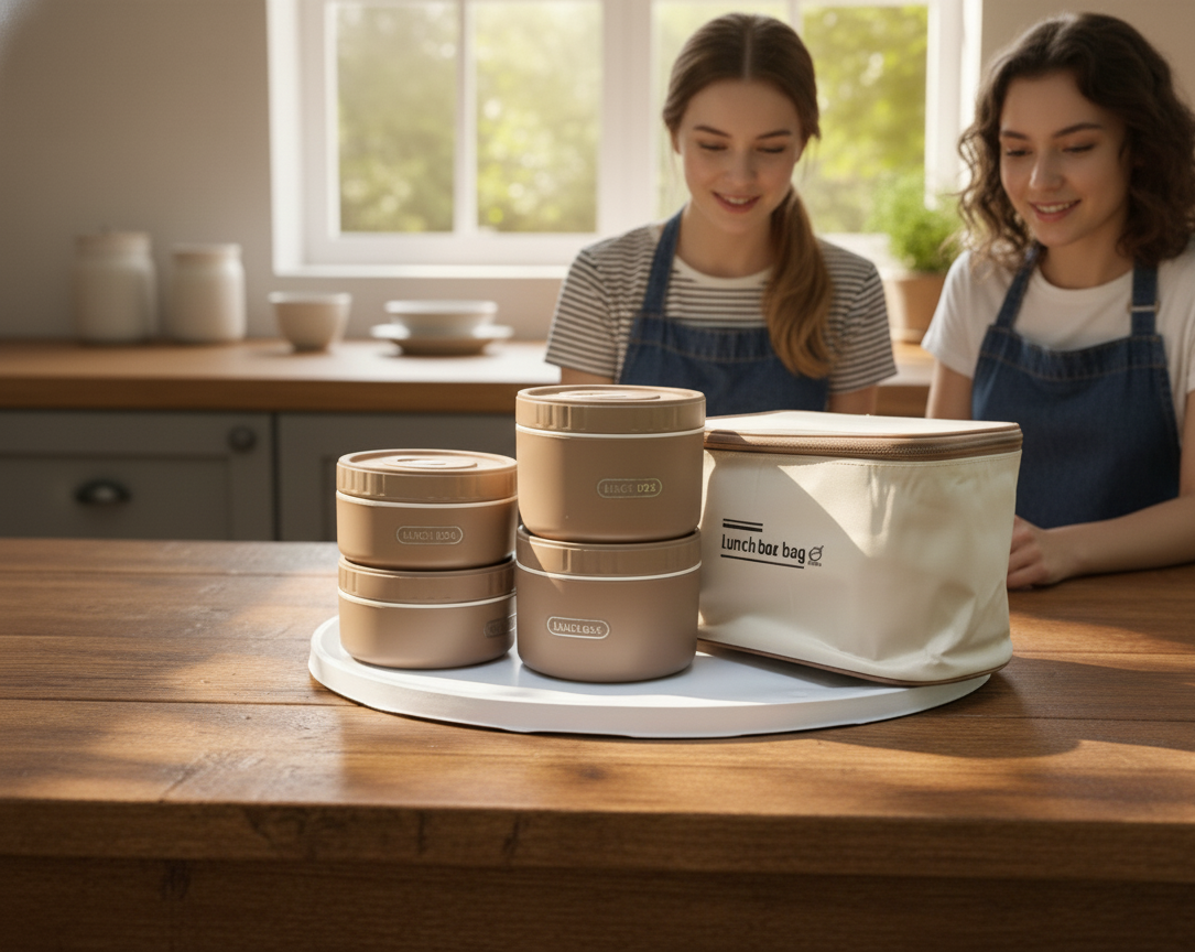 Generic Round Lunch Box Set with Carry Bag