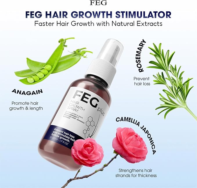 FEG Plus Hair Growth Spray - Rosemary Beard & Hair Growth Serum (50ml), Rosemary Extract Serum Hair Spray, Minoxidil 5% Solution for Hair Growth Booster, Revitalise Hair and Beard Regrowth